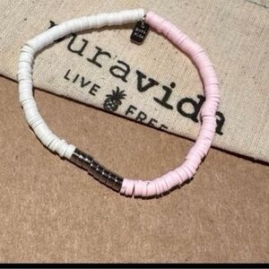 PURA VIDA Pink, White & Silver Heshi Shell Stretch Bracelet NEW rare!